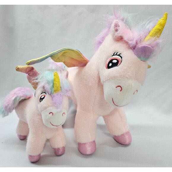 Pink Whimsical Unicorn Plush Mom & Baby with Rainbow Sparkle Wings - Picture 1 of 8